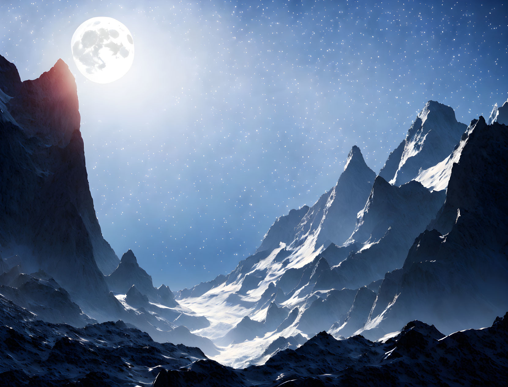 Snow-capped mountain peaks under starry sky and full moon landscape.