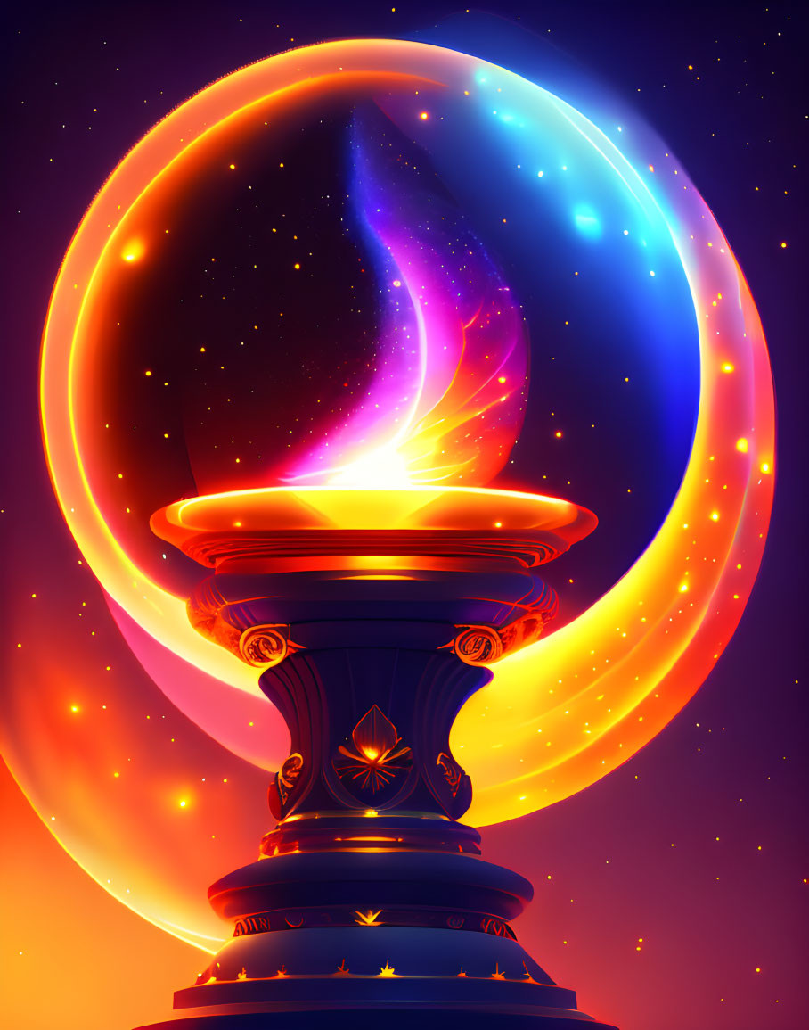 Digital art: Mystical flame on pedestal with swirling aura in starry night sky