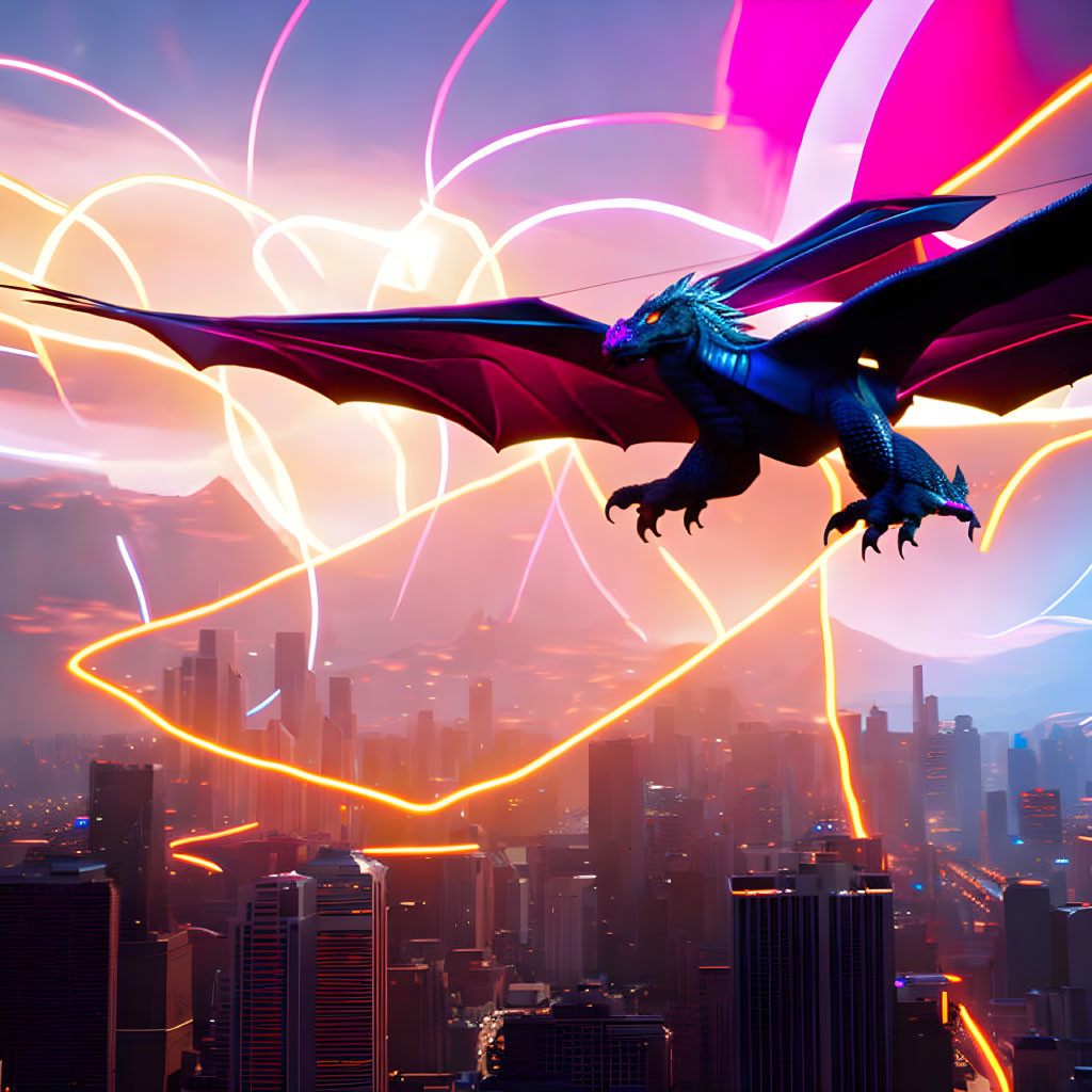 Majestic dragon flying over futuristic city at dusk