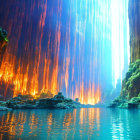 Mystical canyon with cliffs, river, waterfalls, and fires