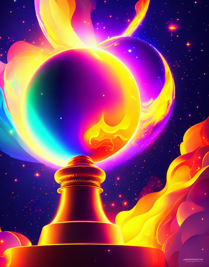 Colorful digital artwork: Fiery orb on golden pedestal with swirling orange clouds in starry sky