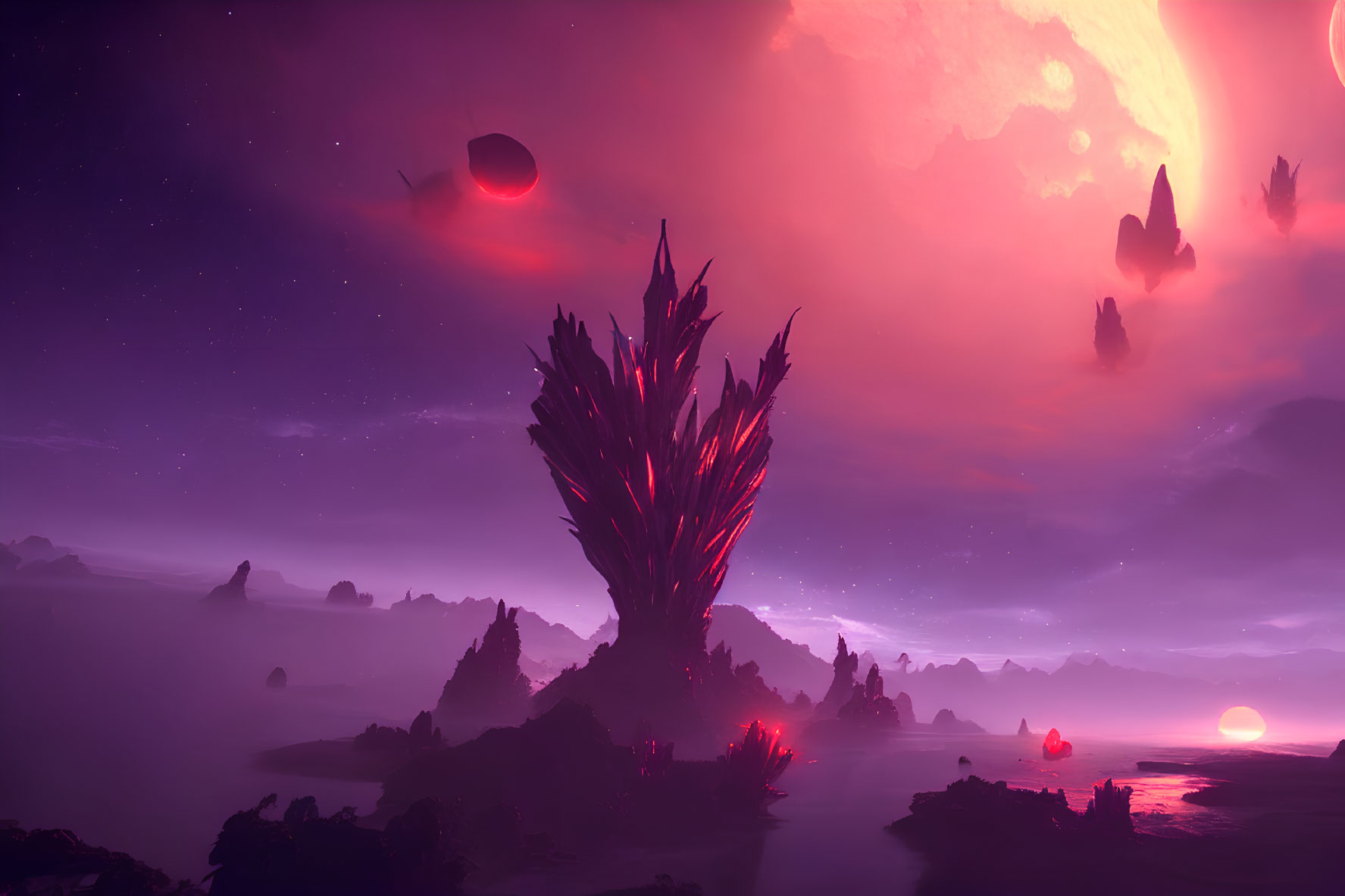 Sci-fi landscape with giant crystalline structure, pink and purple sky, moons, and floating rocks