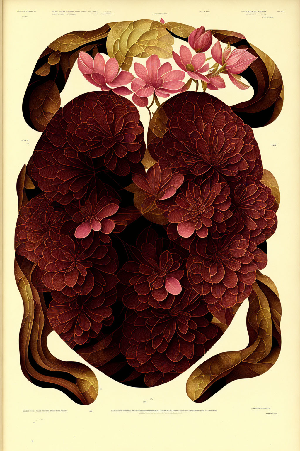 Symmetrical Vintage Botanical Illustration with Dark Red and Pink Flowers