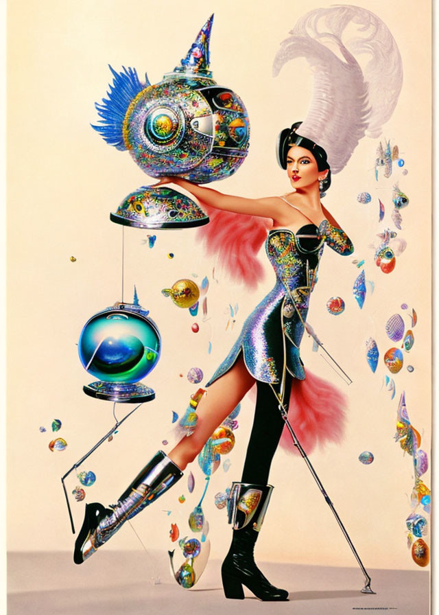 Futuristic fashion illustration of woman in high-collared outfit with staff, orbs, and fish