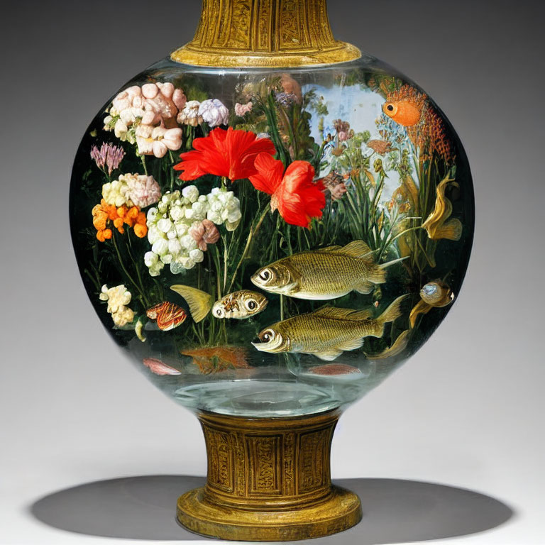 Round Glass Vase with Gold Accents and Underwater Scene of Fish, Snails, and Aqu