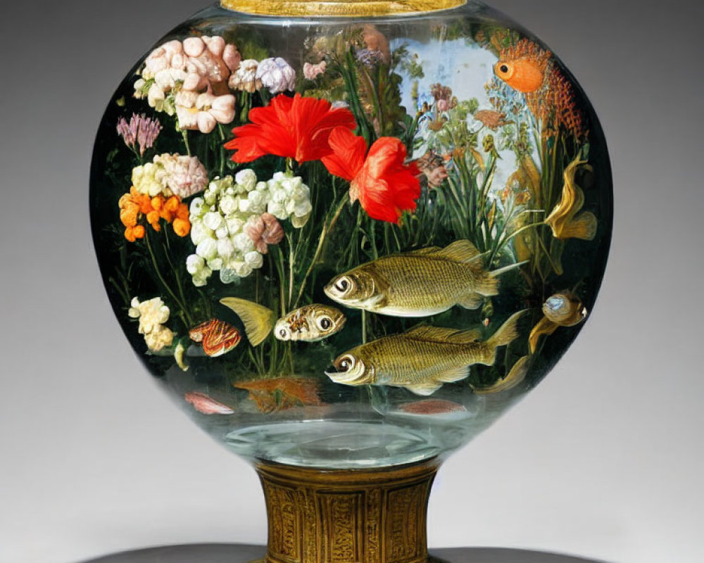 Round Glass Vase with Gold Accents and Underwater Scene of Fish, Snails, and Aqu