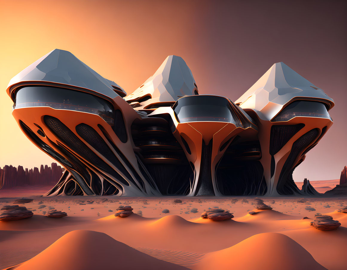 Orange and White Futuristic Structure on Desert Planet with Mountains