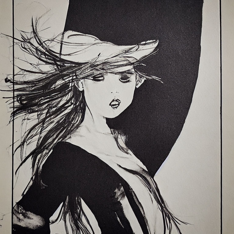 Monochrome stylized woman with flowing hair and hat in bold contrasts