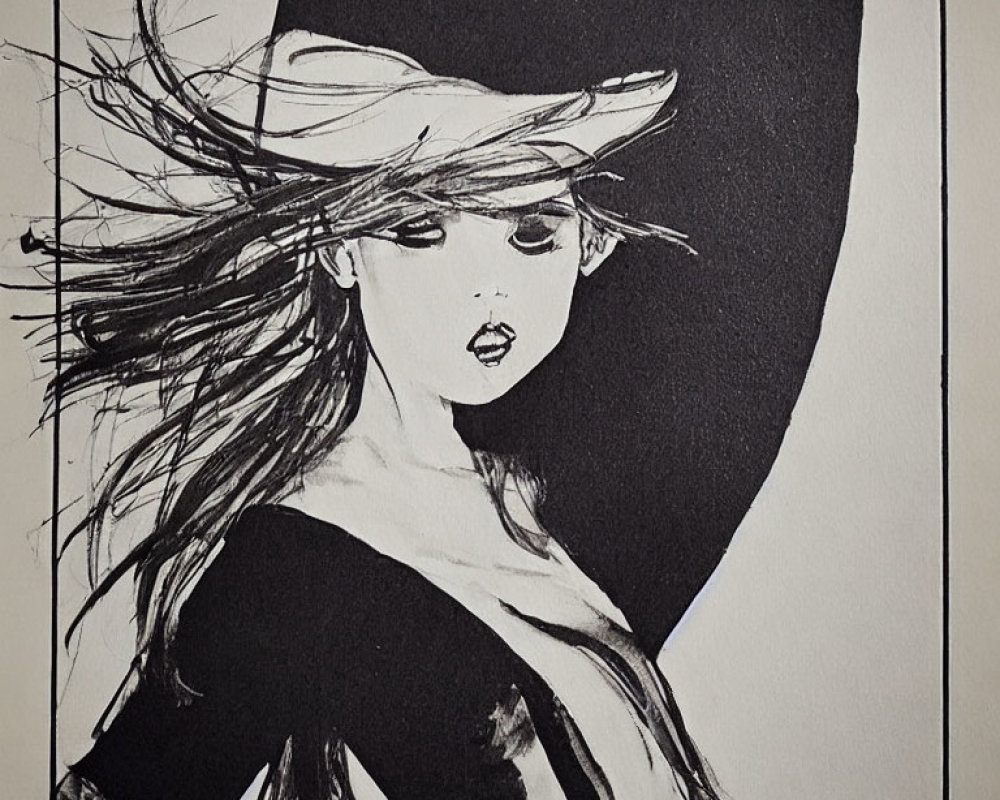 Monochrome stylized woman with flowing hair and hat in bold contrasts