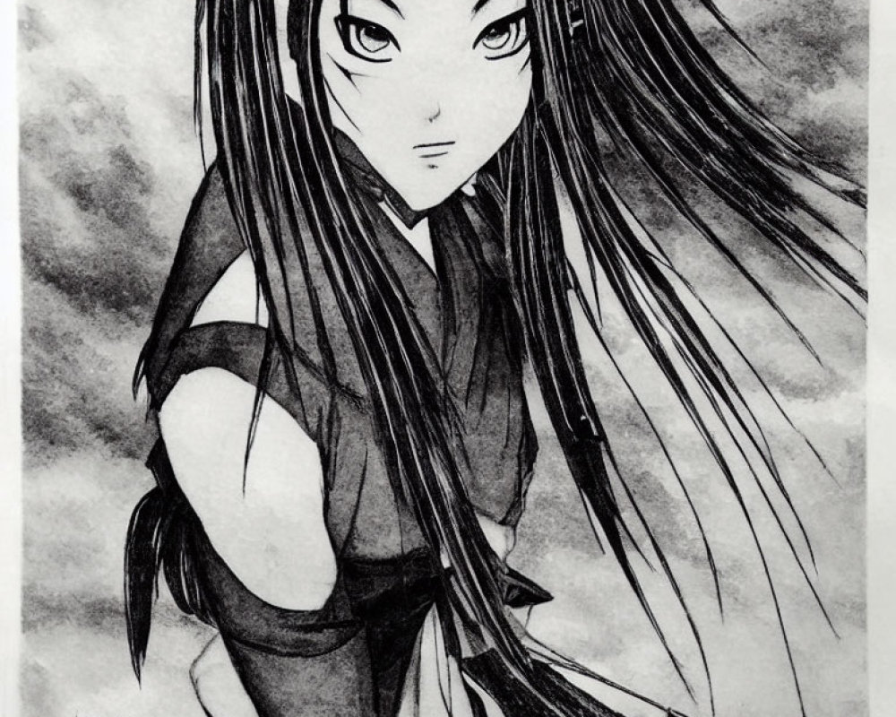 Monochrome illustration of animated character with long flowing hair and traditional attire