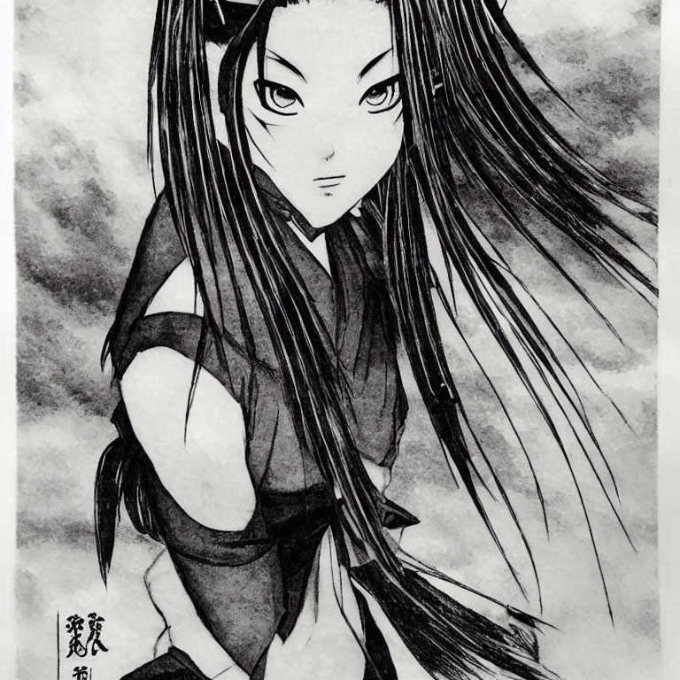 Monochrome illustration of animated character with long flowing hair and traditional attire