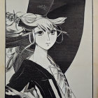 Monochrome stylized woman with flowing hair and hat in bold contrasts