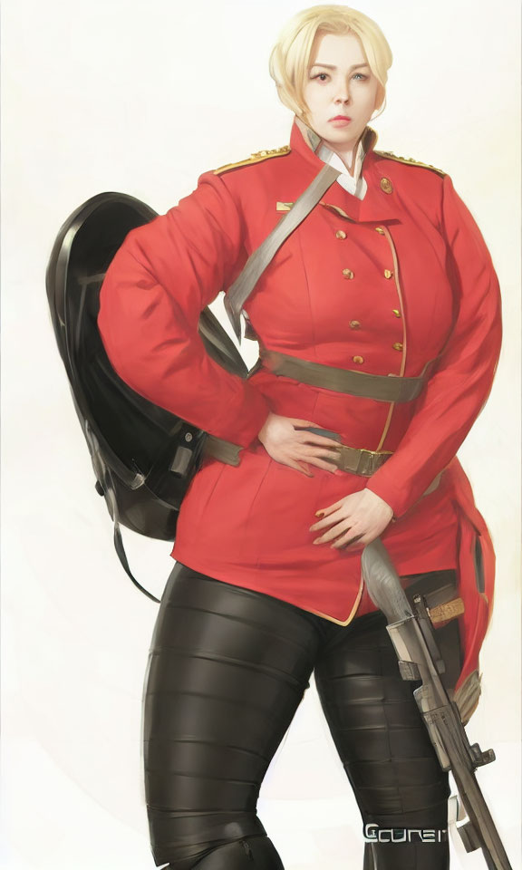 Confident person in red military uniform with firearm and gold buttons