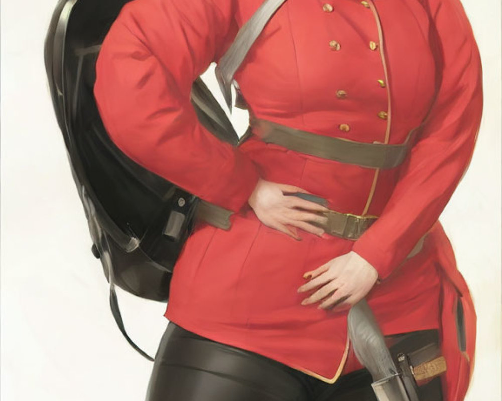 Confident person in red military uniform with firearm and gold buttons