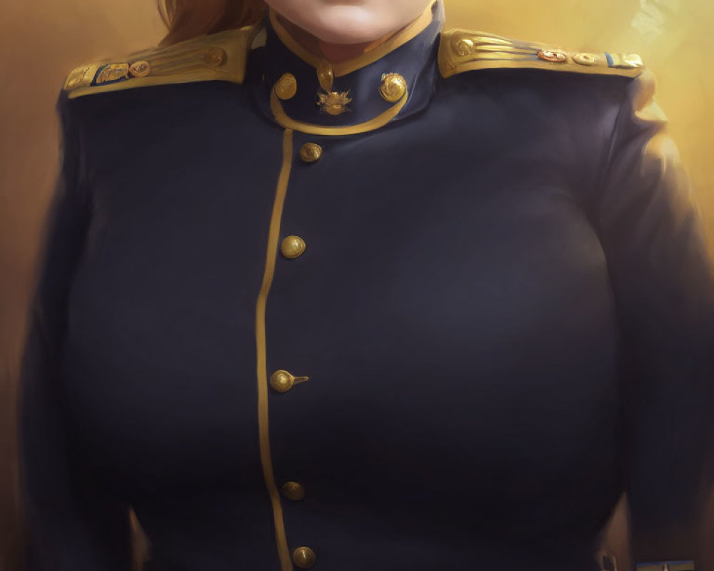 Military-style uniform with golden embellishments on person against warm background