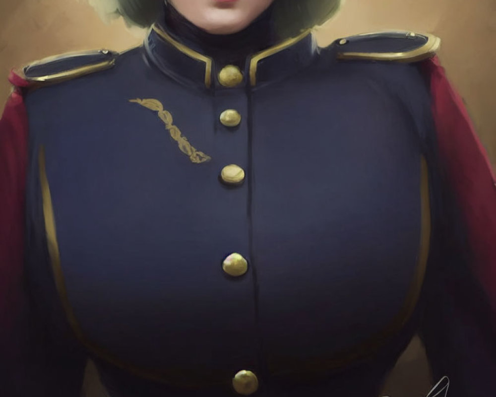 Detailed close-up of person in military-style uniform with gold buttons and trim, high collar, and ep