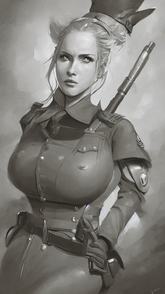 Monochromatic illustration of confident woman in military uniform