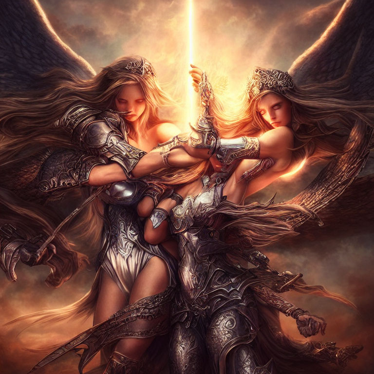 Two Female Warriors in Ornate Armor Holding Glowing Sword Back-to-Back