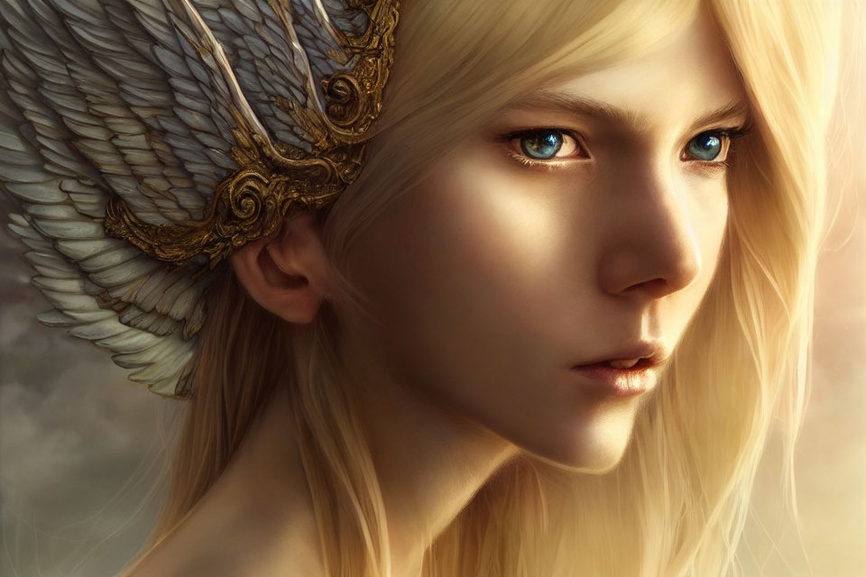 Digital Painting: Person with Striking Blue Eyes and Feathered Wing Adornment