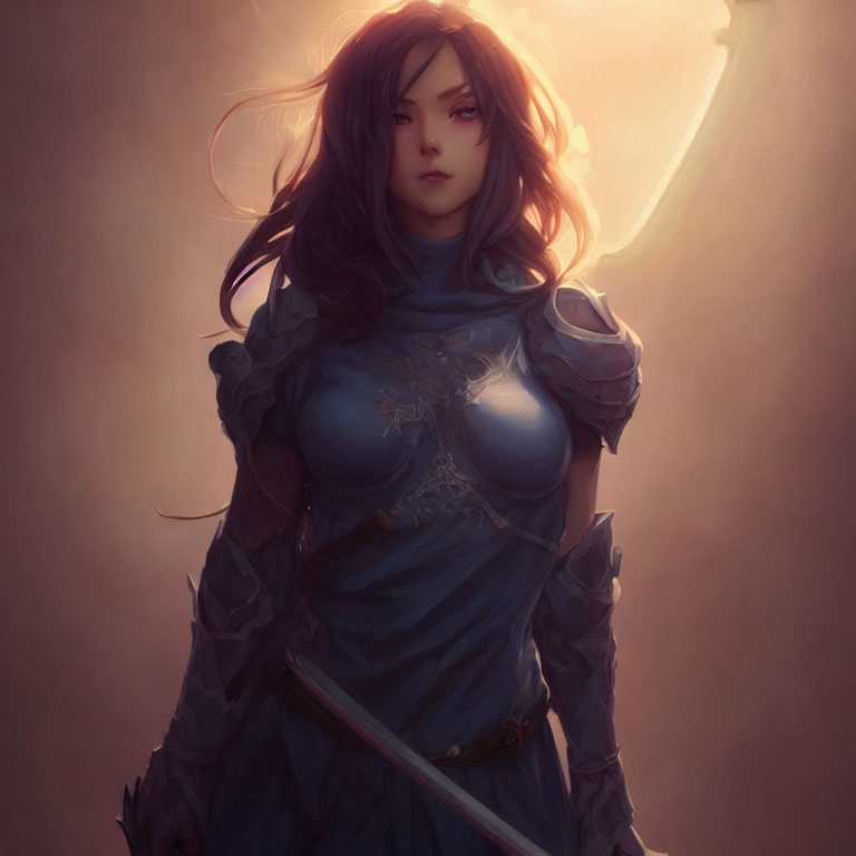 Female warrior in fantasy armor with sword and glowing crescent symbol.