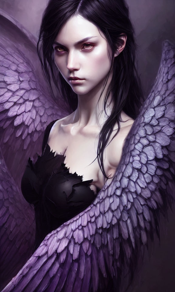 Digital artwork: Female figure with dark hair, violet eyes, and intricate purple wings on purple background