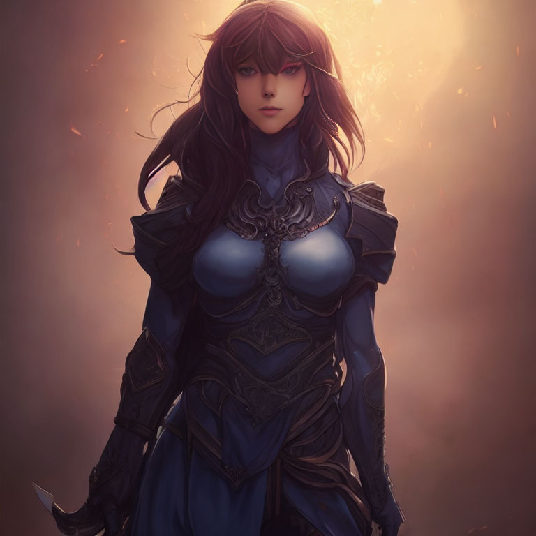 Female warrior digital artwork: Long brown hair, blue armor, amber backdrop.