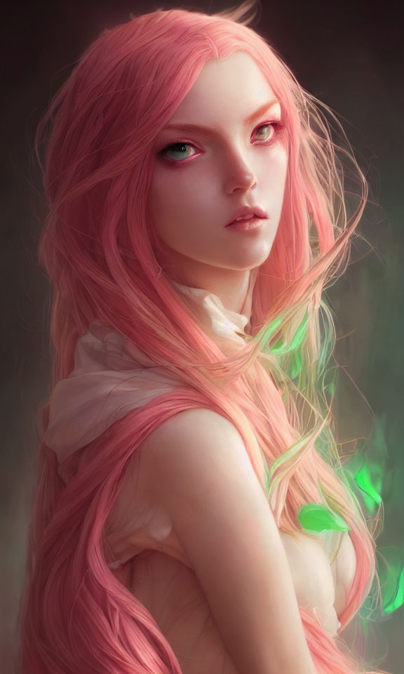 Female figure with pink hair and red eyes in digital artwork