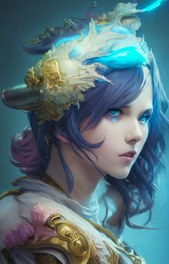 Fantasy portrait of woman with blue hair and eyes, wearing white and gold horned headdress