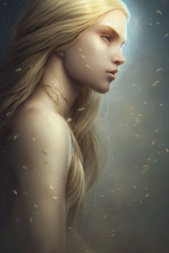 Blonde Woman Portrait with Gold Jewelry and Floating Golden Flecks