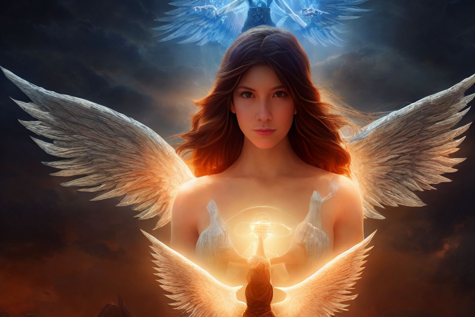 Mystical angelic figure with luminous wings holding glowing orb against dramatic sky