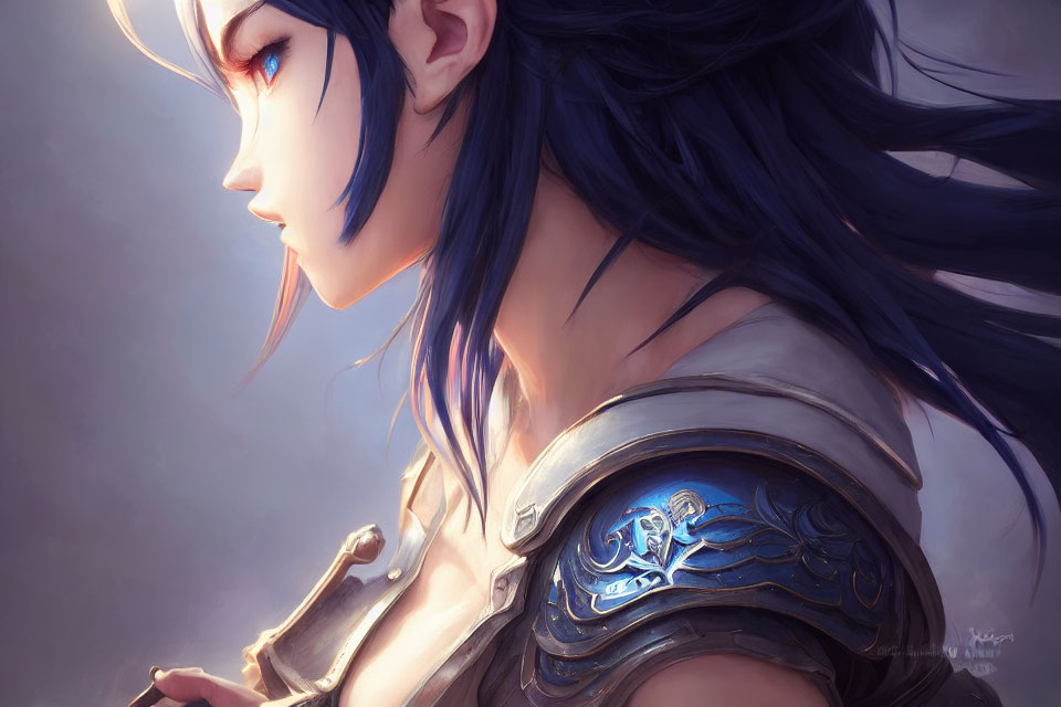 Illustration of person in blue hair, red eyes, silver armor, and focused expression