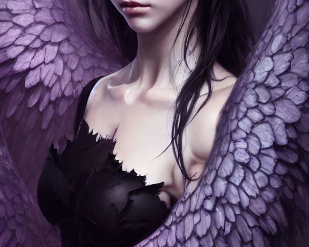 Digital artwork: Female figure with dark hair, violet eyes, and intricate purple wings on purple background