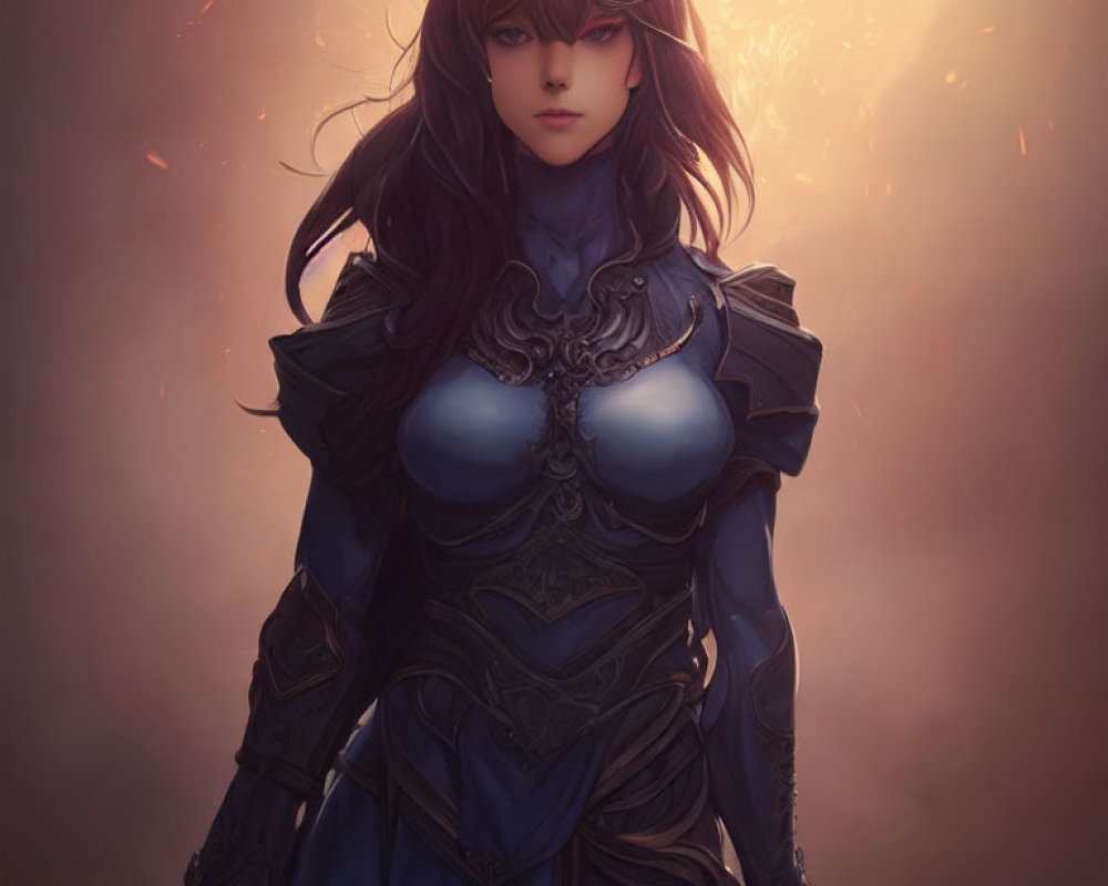 Female warrior digital artwork: Long brown hair, blue armor, amber backdrop.