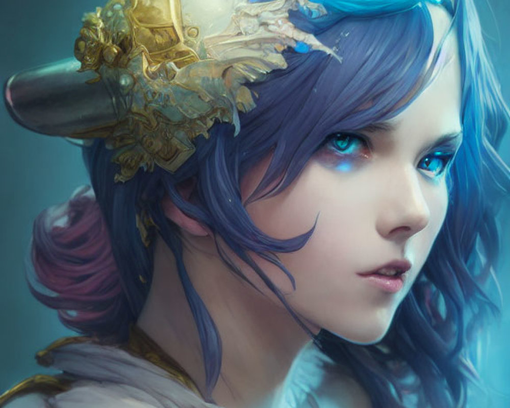 Fantasy portrait of woman with blue hair and eyes, wearing white and gold horned headdress