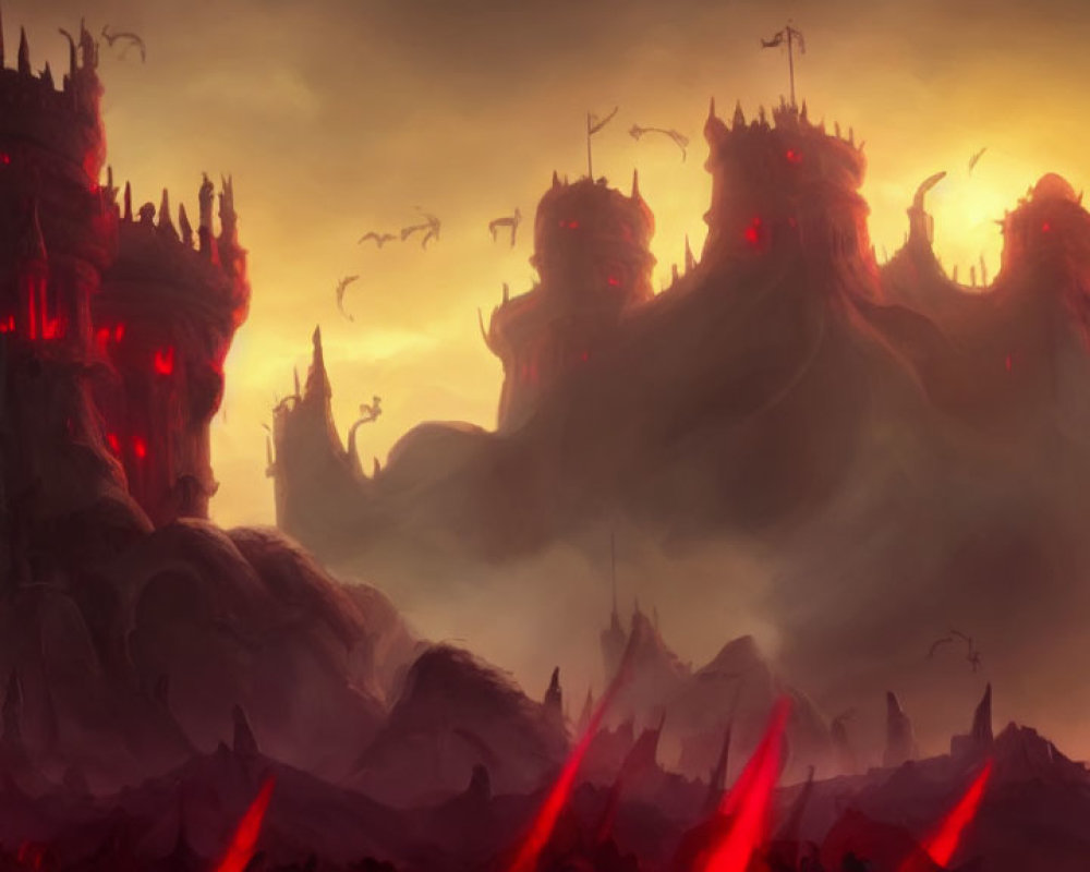 Foreboding landscape with dark castles, fiery skies, misty hills, and flying creatures