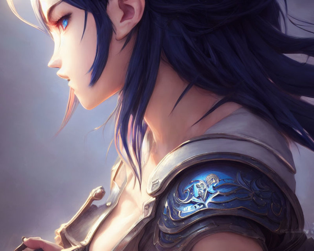 Illustration of person in blue hair, red eyes, silver armor, and focused expression