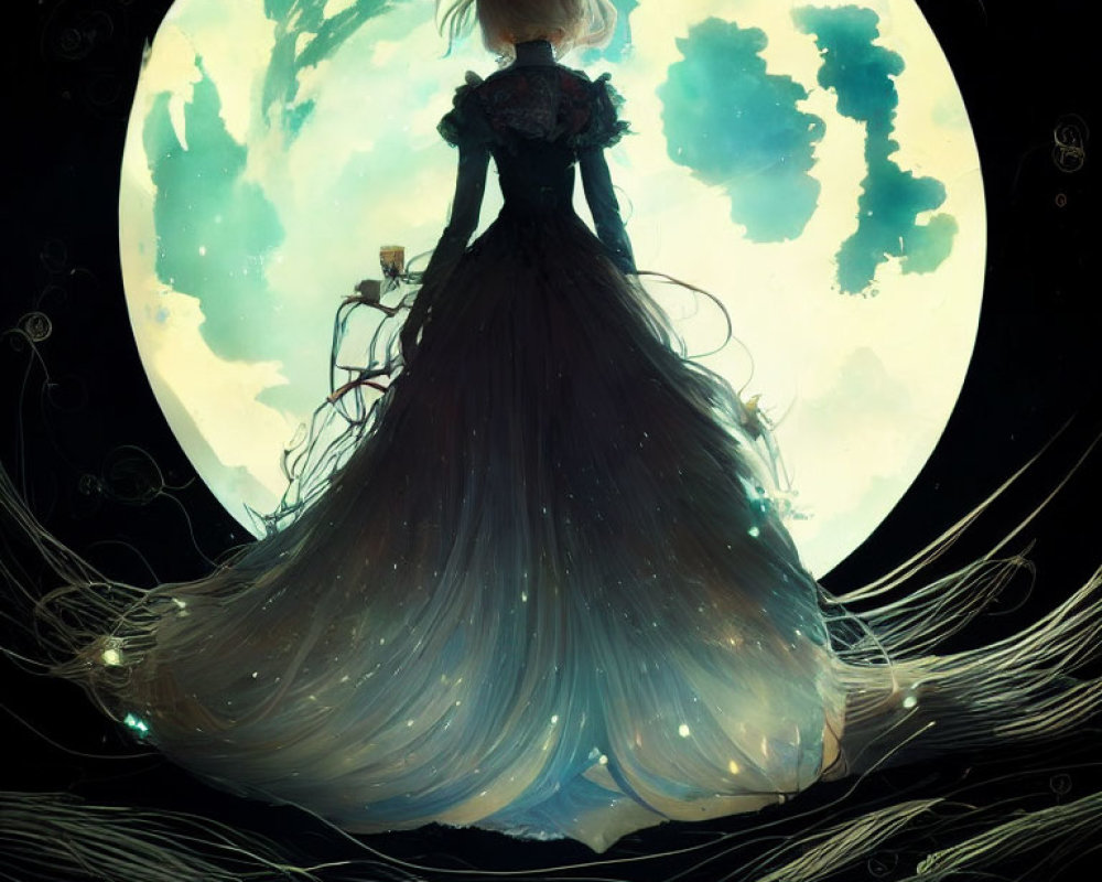 Woman in black gown against large moon in starry backdrop