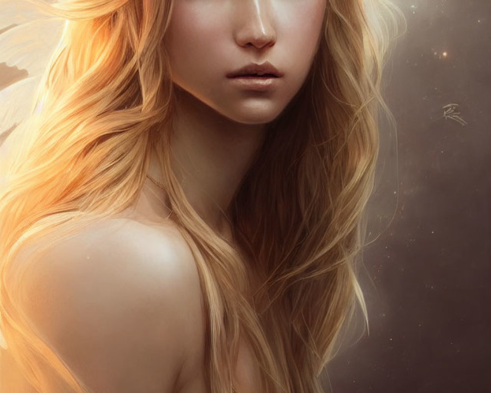 Blonde-haired mythical female with blue eyes and ethereal wings in warm glow