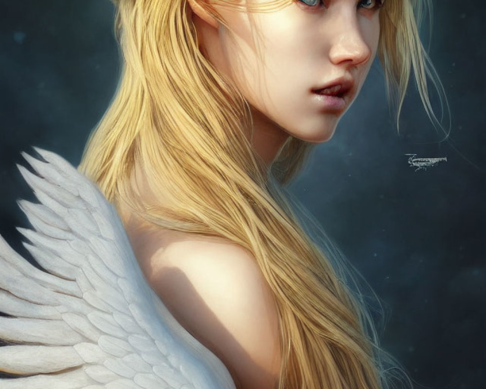 Blonde Woman with White Wings on Dark Background