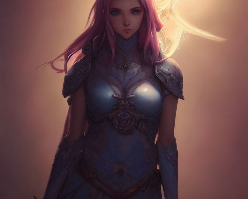 Fantasy female warrior with pink hair and glowing sword in ornate armor