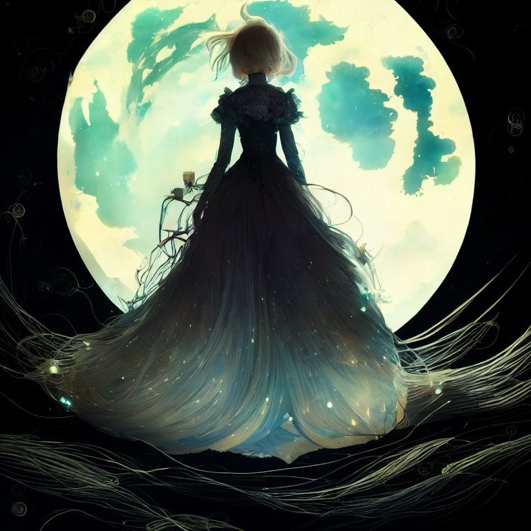 Woman in black gown against large moon in starry backdrop