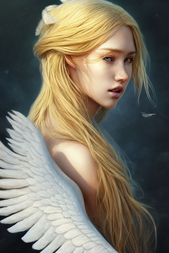 Blonde Woman with White Wings on Dark Background