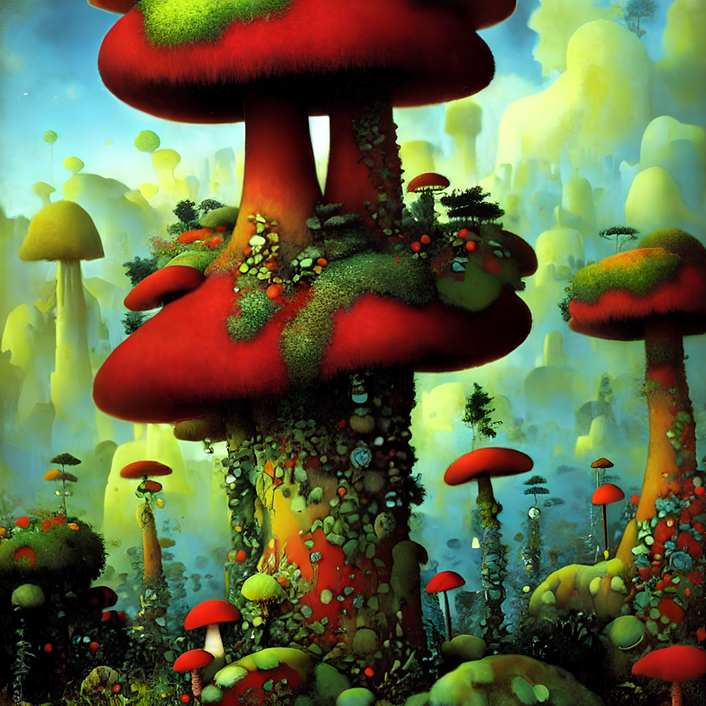 Fantastical mushroom forest artwork with oversized red-capped mushrooms