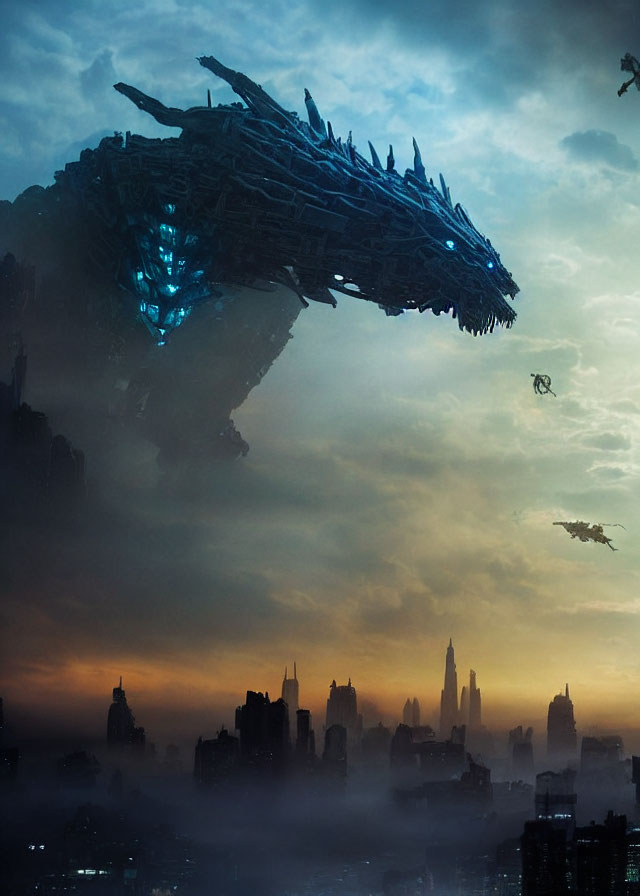 Giant Robotic Dragon Over Futuristic Cityscape at Dusk