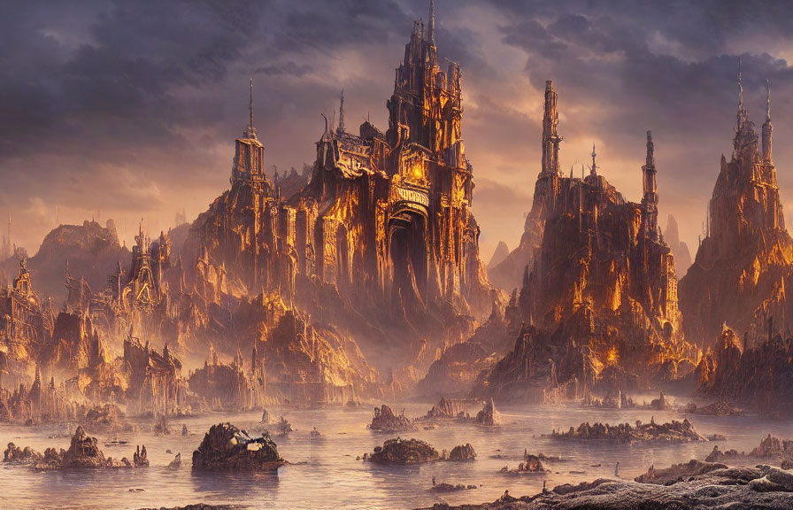 Fantasy landscape with gothic spires in misty waters.