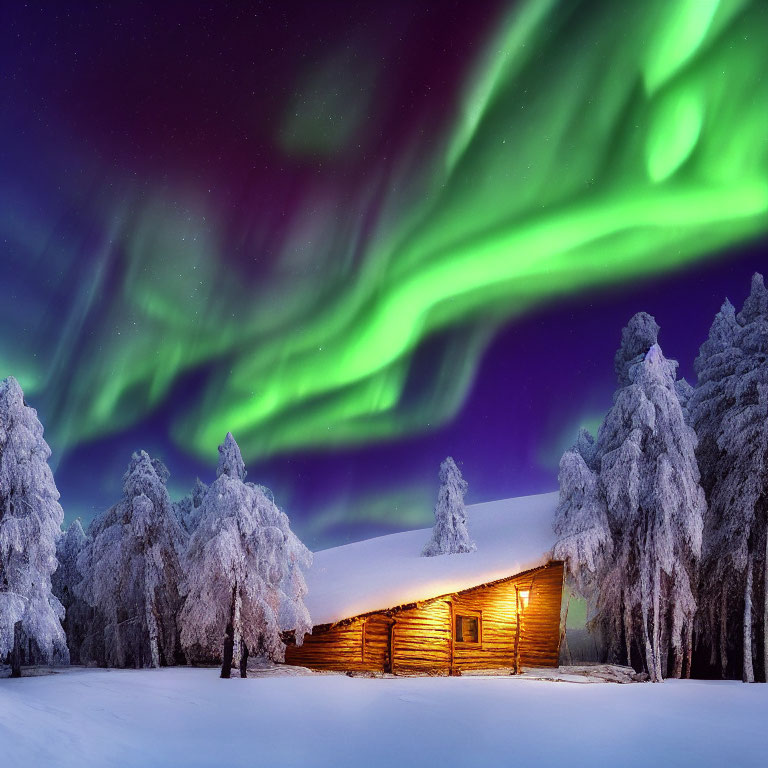 Northern Lights shining over snowy cabin and frosty trees at night