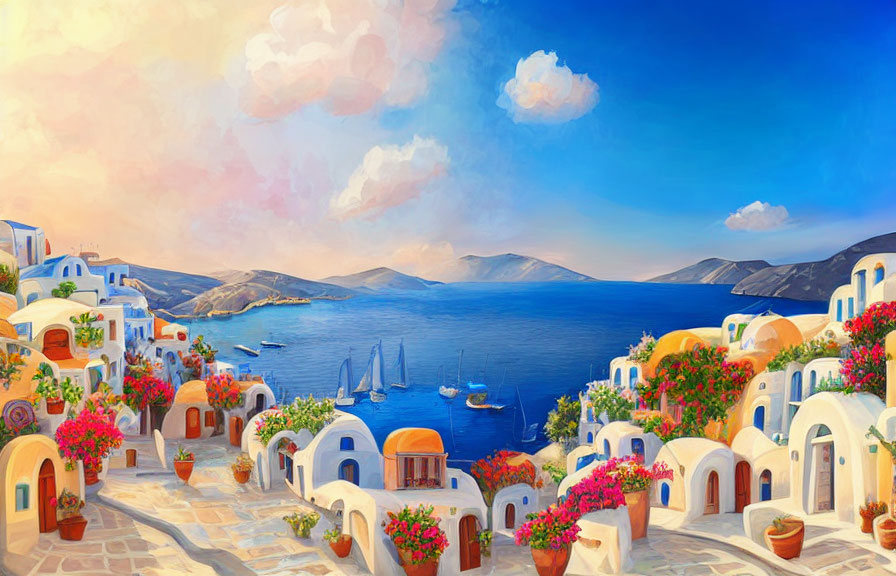 Picturesque coastal village painting with white buildings, blue domes, and serene waters