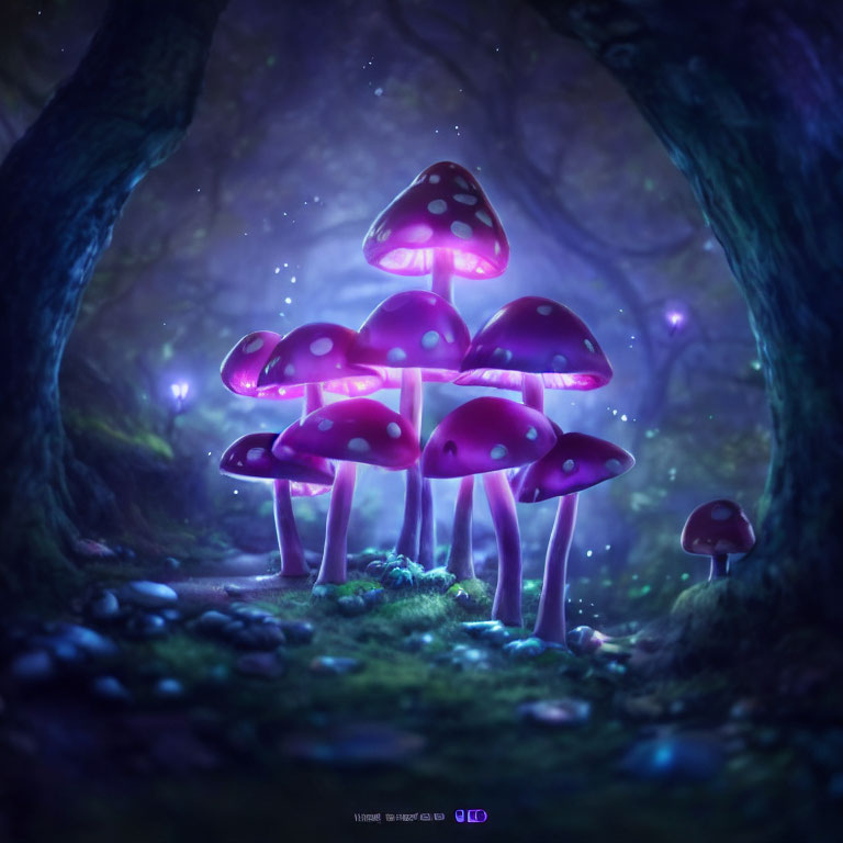 Glowing Oversized Red Mushrooms in Purple Forest Setting