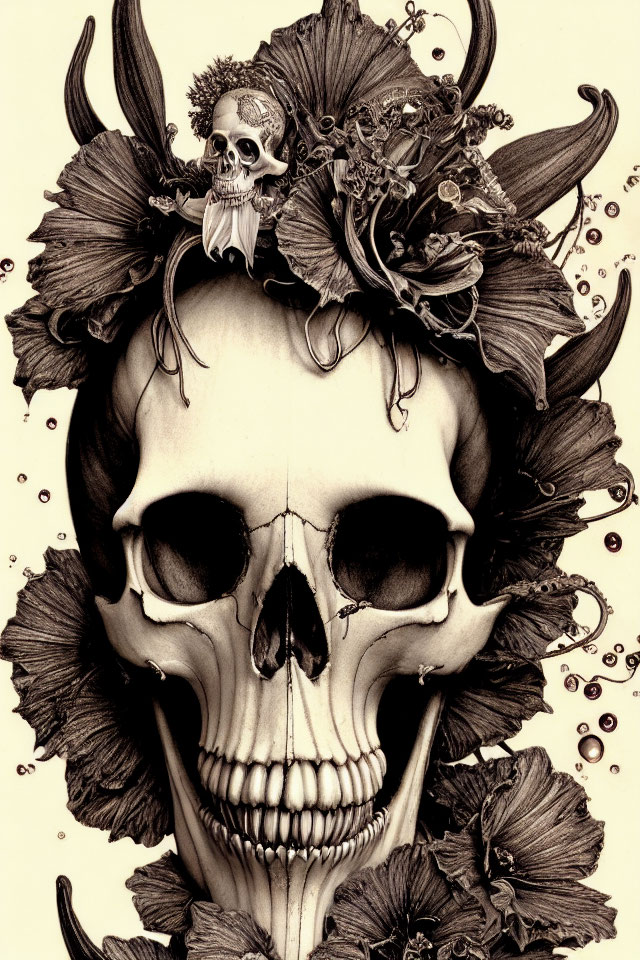 Detailed skull with antlers, surrounded by florals and smaller skull in mouth