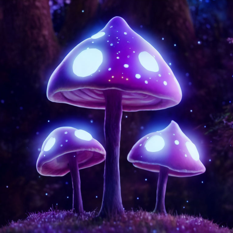 Luminous purple mushrooms on mossy ground under violet night sky